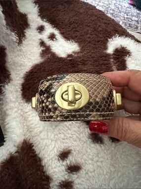 Coach Brown Snake-Print Leather Bracelet with Gold-Tone Turn Lock